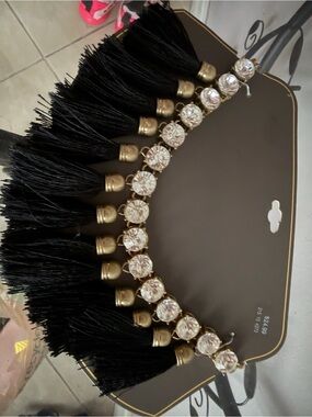jcpenney Black Tassel Necklace with Gold Caps and Clear Rhinestones